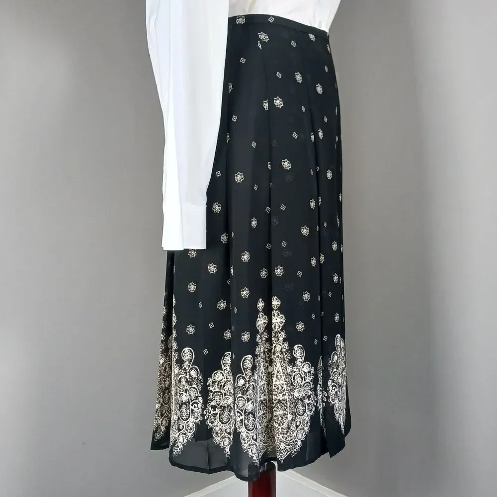 JONES WEAR Midi Skirt Box Pleats Lined Sheer Black White Print Petite Size 4